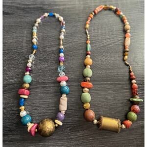 Vintage Set Of 2 Unique Metal Wood Stone Chunky‎ Beaded Statement Necklaces